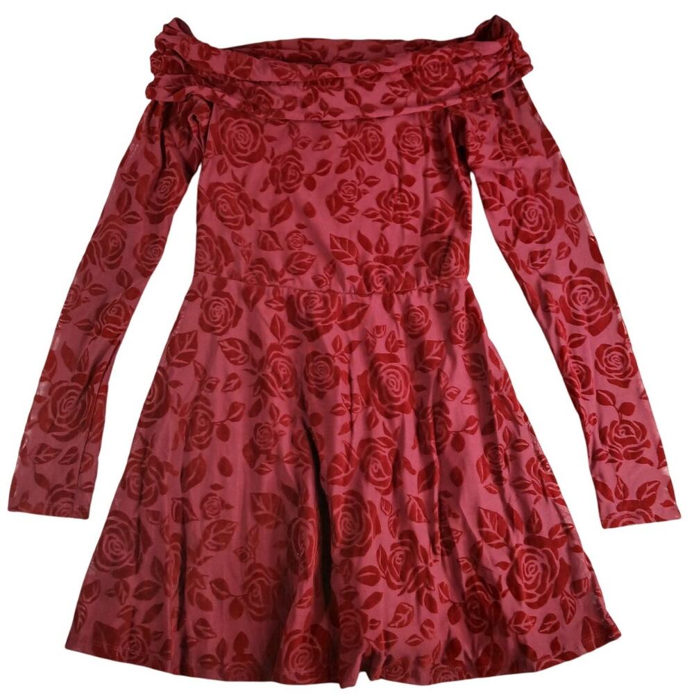 Wild Fable Dress Womens XS Red Mini Off Shoulder Long Sleeve Rose Flowy NWT